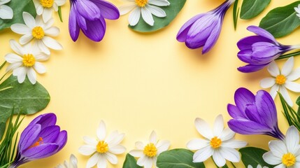 Fototapeta premium A vibrant floral arrangement featuring daisies and crocuses on a soft yellow background.