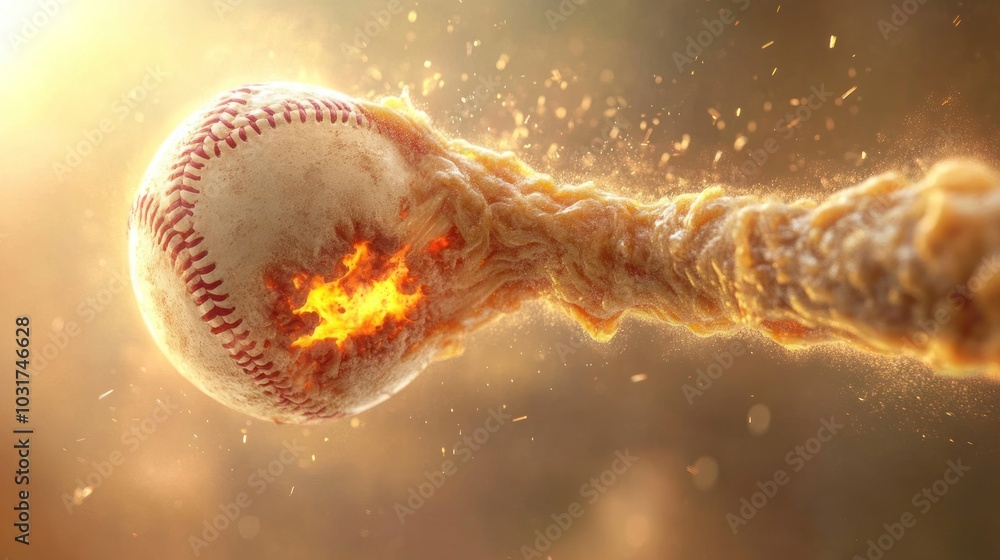 Aufkleber a baseball with a flaming core is shown in motion with a trail of golden sparks behind it.