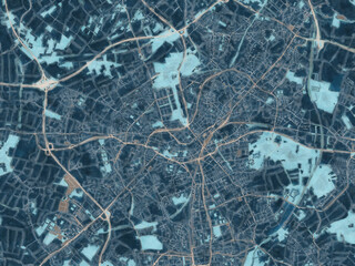 Painterly Style City Map of Monchengladbach, Germany in a Blue Color Scheme.