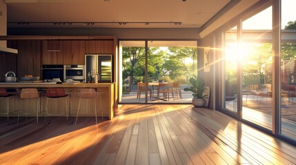 Modern Kitchen Interior with Natural Light and Pool View