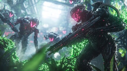 Fototapeta premium Futuristic Genetically Enhanced Soldiers Storming Alien Fortress 3D Render with Vibrant Flora and Fauna in Ultra-Detailed Illustration