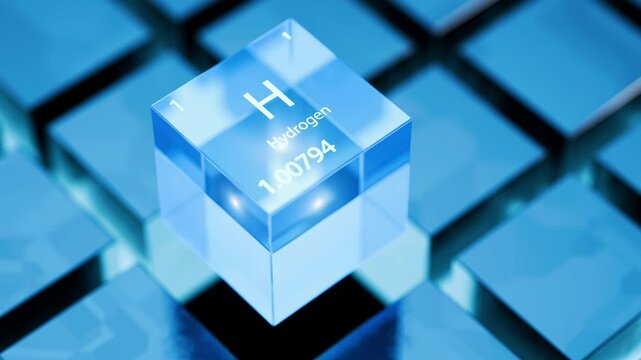 Rotating cube with the inscription of the chemical element hydrogen. Hydrogen is an element of the periodic table. Hydrogen fuel cell concept. Hydrogen alternative energy