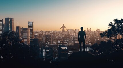 Fototapeta premium Man Silhouette Overlooking Cityscape at Dusk with Giant Figure