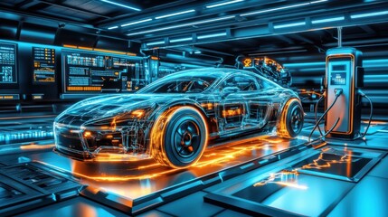 Futuristic 3D Electric Car at Charging Station