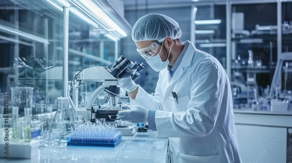 Poster A Scientist Examining Samples Under a Microscope in a Laboratory