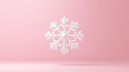 Minimalist 3D render of a holiday snowflake ornament, placed on a soft pastel pink background