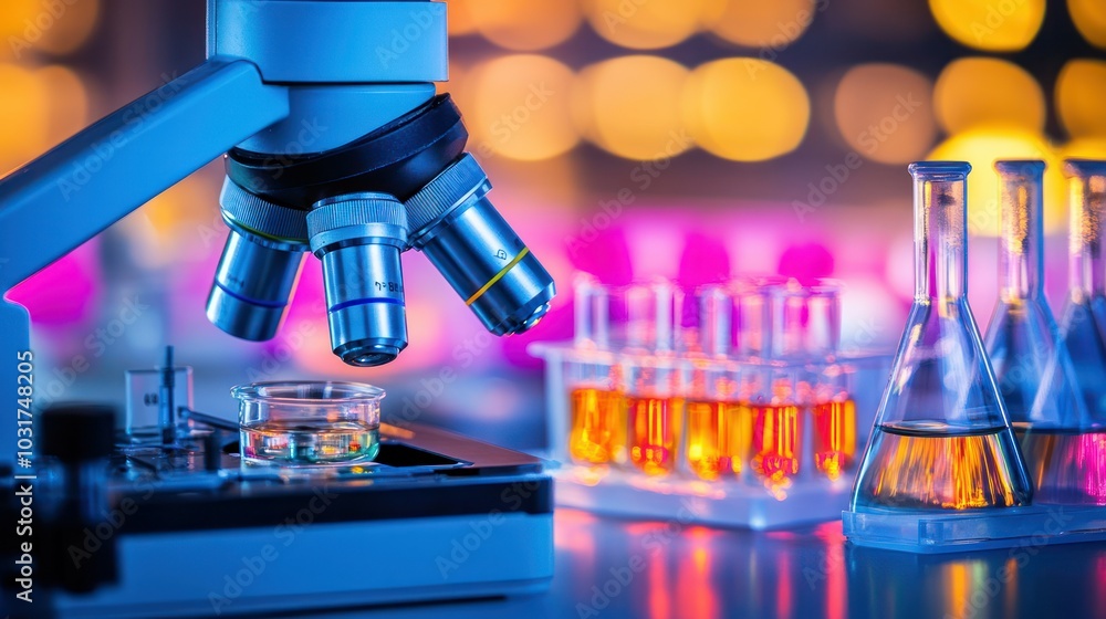 Poster microscope and test tubes in a laboratory setting