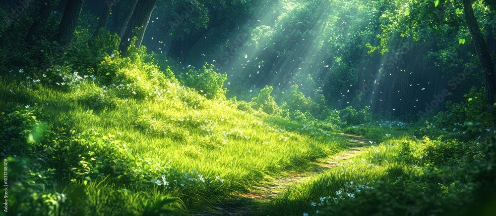 Poster sunbeams illuminate a lush green forest path, with dappled light filtering through the trees.