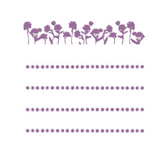 White paper note template for text with violet silhouette flowers.