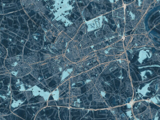 Painterly Style City Map of Krefeld, Germany in a Blue Color Scheme.