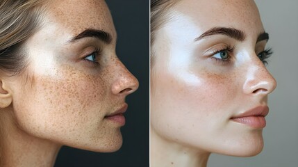 Detailed side-by-side view of facial pigmentation, highlighting melasma fading after treatment, smooth and even skin tone, Realistic, Bright Lighting