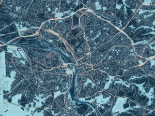 Painterly Style City Map of Mulheim, Germany in a Blue Color Scheme.