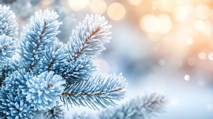 A close-up of frosted pine branches against a blurred, warm background.