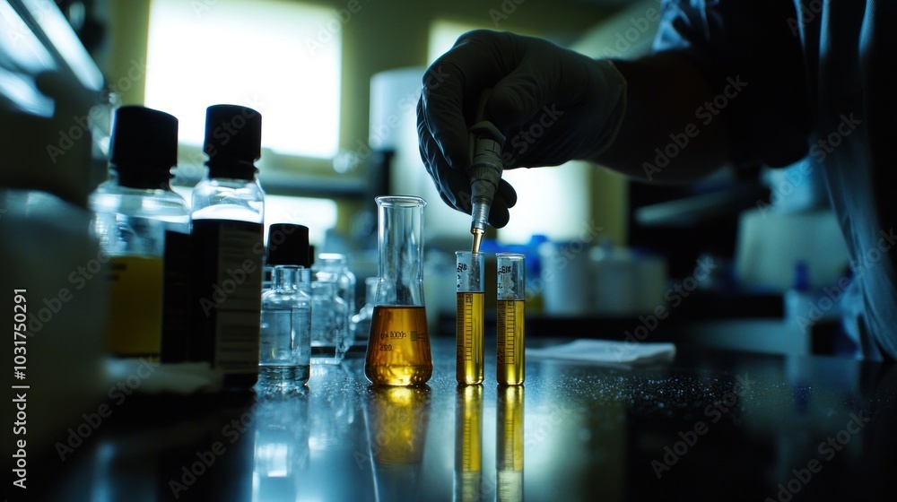 Poster Scientist Using Pipette to Transfer Liquid into Test Tubes in Laboratory Setting