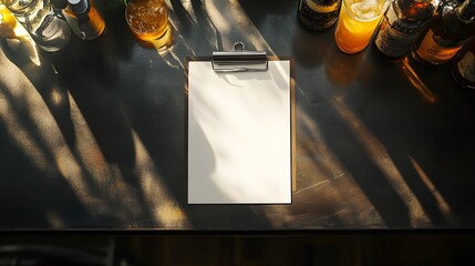 Sunlit Bar Menu Mockup: Blank clipboard menu rests on a dark bar top, bathed in sunlight filtering through leaves, surrounded by various bottles and drinks.