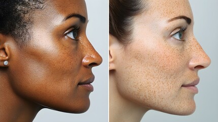 Obraz premium Side-by-side comparison of a woman's face, showing dark melasma spots before treatment and a visibly clearer complexion with reduced pigmentation after