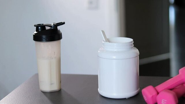 Close up of a protein powder and a shaker bottle on table with pink dumbbells and white whey protein powder in a scoop. Diet meal replacement for weight loss. 