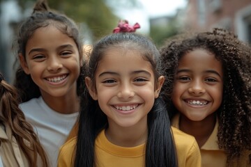 Fototapeta premium Joyful Schoolchildren Smiling Together Outdoors