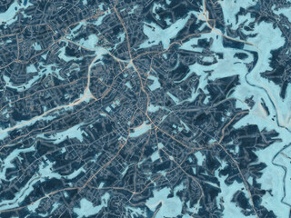 Painterly Style City Map of Solingen, Germany in a Blue Color Scheme.