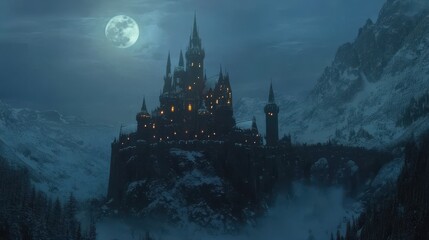 Majestic Winter Castle in Snowy Valley, Towers Draped with Holiday Lights Under the Soft Light of a Full Moon