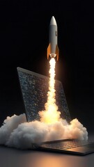 A rocket launching out of a laptop screen, leaving trails of smoke and clouds, representing fastpaced innovation and digital growth in the tech world