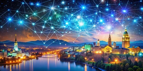 Vermont Counties and Congressional District Map with Montpelier and Burlington Skylines - Long Exposure Photography