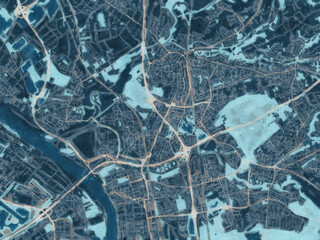 Painterly Style City Map of Leverkusen, Germany in a Blue Color Scheme.