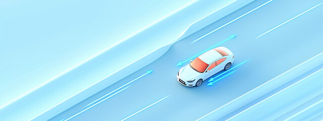 Naklejka premium Futuristic 3D Illustration of Cars on a Highway with Blue Arrows Indicating Wireless Data Sharing and Communication for Enhanced Traffic Flow and Safety Control