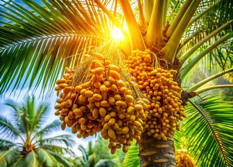 Vertical Video of Golden Date Clusters on Palm Trees in Bright Sunlight - Low Light Photography