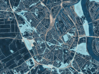 Painterly Style City Map of Neuss, Germany in a Blue Color Scheme.