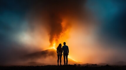 A silhouetted couple stands together, watching a glowing volcano in awe, symbolizing the power and beauty of nature and the bond of shared experiences.