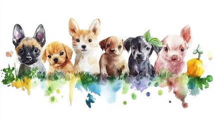 Adorable Watercolor Painting of Puppies and a Piglet with Vibrant Splashes