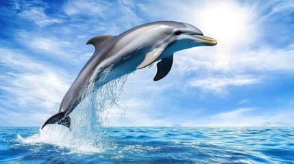 A dolphin leaps out of the water, with blue sky and white clouds in the background.