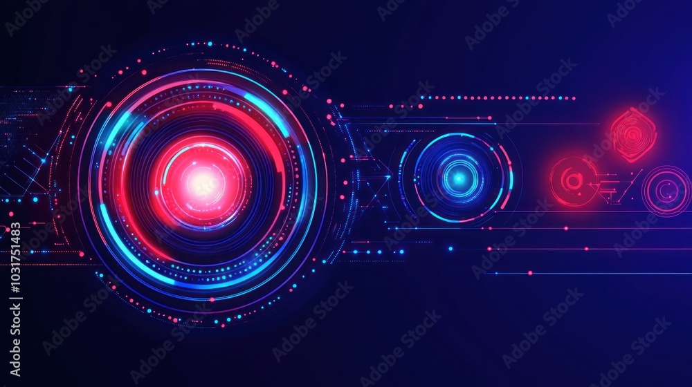 Poster Abstract futuristic digital interface with glowing red and blue circles and lines on a dark background.