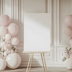 Elegant Pink Floral Mockup:  A pristine white canvas stands on a wooden easel, adorned with delicate pink roses and balloons in an elegant, light-filled room.