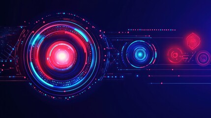 Abstract futuristic digital interface with glowing red and blue circles and lines on a dark background.