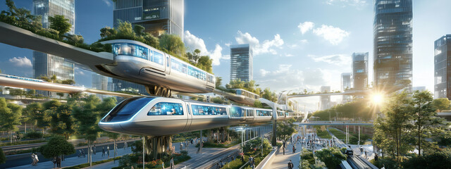 Fototapeta premium Innovative Urban Landscape Featuring Eco-Friendly Hovercars, Self-Driving Vehicles, and Lush Gardens Amidst a Clean Blue Sky