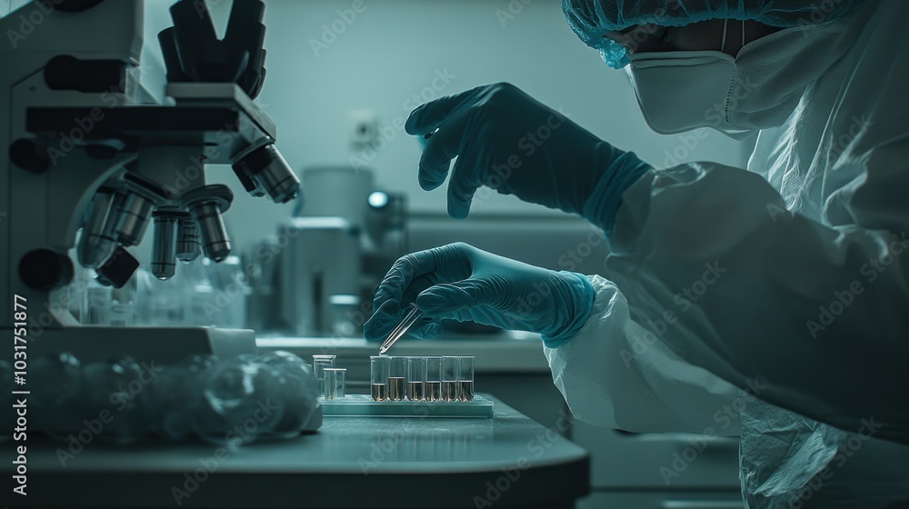 Poster scientist in protective gear working with test tubes and a microscope