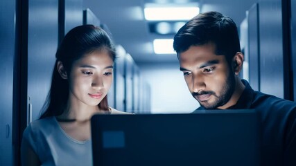 Two it specialists collaborate in a server room, analyzing data on a laptop to enhance system performance and security - Powered by Adobe
