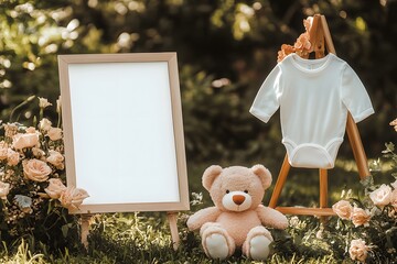 Baby Announcement Mockup: A charming baby announcement mockup featuring a blank wooden frame, a tiny white onesie, and a cuddly teddy bear, all set against a backdrop of soft.