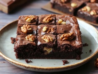 Vegan chocolate brownie with walnuts, served on a rustic plate, vegan dessert, decadent plantbased treat