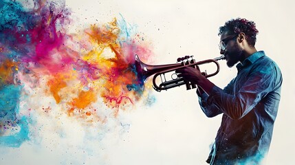 Fototapeta premium Trumpet Player Expressing Musical with Bursts of Color and Abstract Shapes