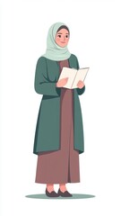 Illustration of a woman wearing a hijab and holding an open book, standing in a thoughtful pose against a simple background.