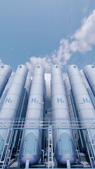 Storage tanks of hydrogen. hydrogen H2 tanks are integral to advancing clean hydrogen energy...