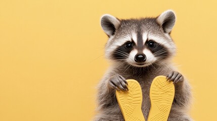 A cute raccoon holds yellow shoe soles against a bright yellow background.