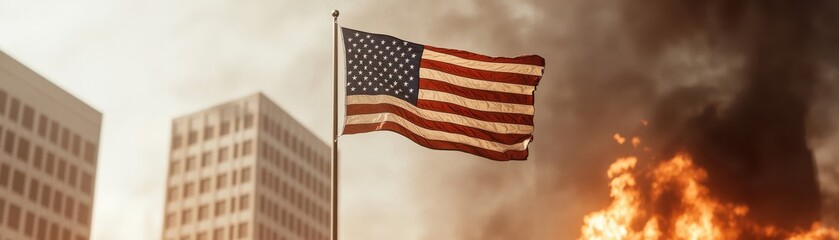 Obraz premium American flag waving in a dramatic scene with buildings and fire in the background.