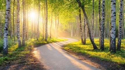 Obraz premium A serene forest path illuminated by sunlight filtering through birch trees.