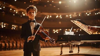 Fototapeta premium Talented Young Musician with Violin Performing on Stage with Grand Piano Backdrop