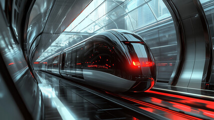 Fototapeta premium Sleek and Modern Metallic Train with Red Lights Resembling Eyes Approaching Curved Platform in a High-Tech Urban Train Station