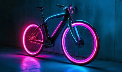Fototapeta premium Neon-lit bike in a dark room.